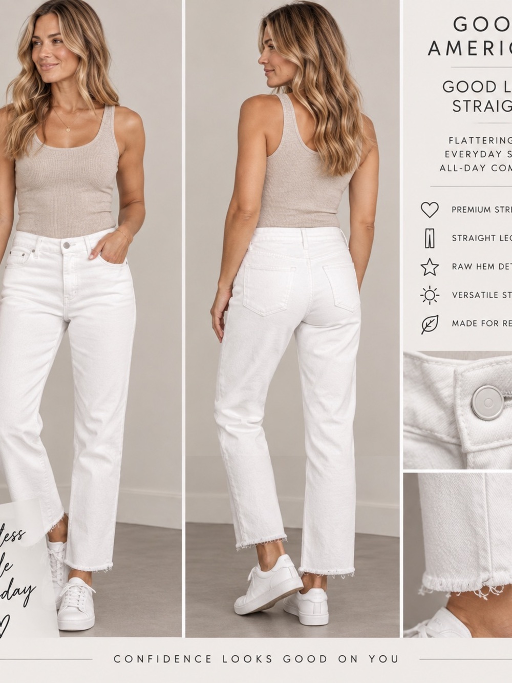 Good American Good Legs Straight White Jeans Raw Hem Size 12/31